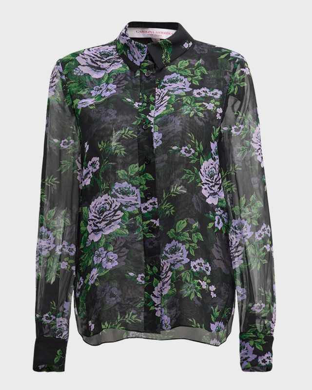 Floral-Print Collared Chiffon Silk Blouse